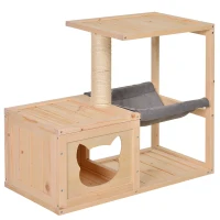 PawHut Arbre à chat design contemporain griffoir grattoir sisal naturel centre d'activités niche hamac plate-formes bois massif sapin lin gris(m-11)
