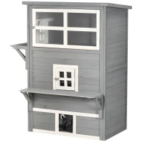 PawHut Casa para Gatos de Madeira Exterior Casa Grande para Gatos de 3 Andares com Múltiplas Entradas Janelas e 2 Plataformas para Terraço Balcão Jardim 98x68,5x122cm Cinza(m-11)