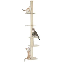 PawHut Krabpaal Plafondhoog, Verstelbaar 225-275 cm Kattenboom, Kattenkrabpaal met Krabpalen, 5 Platforms, Kattentoren voor middelgrote katten, Crèmewit(m-11)
