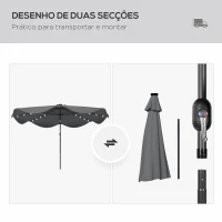 Outsunny Guarda-Sol de Jardim Manual Ø292x254 cm com 32 Luzes LED Solares 8 Varetas Impermeável e Respiros de Ventilação Cinzento(m-8)