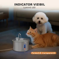 PawHut Fântână pentru Pisici de 2,5L cu Lumină LED și 2 Moduri de Flux, din Oțel Inoxidabil, 19,4x19,4x18,7 cm, Argintiu(m-9)