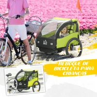 HOMCOM Reboque de Bicicleta para Crianças de 2 Lugares com Cinto de Segurança e Sistema de Amortecimento 140x88x90 cm Verde(m-4)