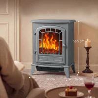 HOMCOM Electric Fireplace Stove, 1000W/2000W, Freestanding Electric Fire with LED Flame Effect, Adjustable Thermostat, Grey(m-3)