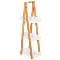 kleankin Estantería de Baño de Bambú con 3 Estantes Estantería de Almacenaje Estantería de Madera en Forma de A 30x18x81 cm Natural y Blanco(m-12)