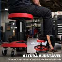 HOMCOM Banco de Oficina com Bandeja e Rodas, Altura Ajustável 40-52 cm, Carga 135 kg, para Garagem, Vermelho(m-4)