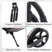 HOMCOM Trottinette pliable pour adulte à partir 14 ans 92,5 x 37,5 x 82-97 cm hauteur guidon réglable alu noir(m-8)