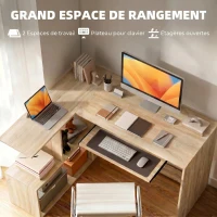 HOMCOM Bureau d'Angle, 120 x 100 x 76 cm, Bureau Informatique en L avec Plateau de Clavier, 4 Compartiments Ouverts, Naturel(m-4)