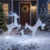 Outsunny 3-Piece Lighted Reindeer Family Set, Iridescent Outdoor Christmas Decoration, Deer Family with 8 Modes, Daily Timer(m-2)