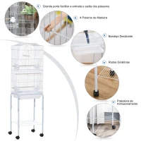 PawHut Gaiola para Passáros com Suporte  com 4 Rodas Portas 4 Comedouros 3 Poleiros e Bandeja Removível 46,5x36x157cm Branco(m-6)