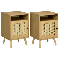 HOMCOM Table de chevet table de nuit avec placard porte cannage et niche design vintage 39 x 35 x 60 cm naturel(m-11)