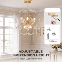 HOMCOM Crystal Chandeliers Ceiling Light with Flower, Modern Pendant Light with Adjustable Height, Ceiling Plate, Clear(m-6)