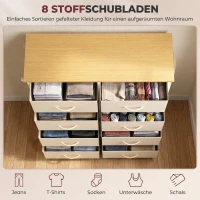 HOMCOM Slaapkamerladekast met 8 stoffen laden, stalen versteviging, houten bovenblad, 4 opbergvakken en 2 haken, beige(m-4)