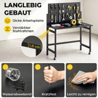 HOMCOM Werkbank mit Lochwand, Klappbare Mobile Werkbank mit Rollen, Dicke Arbeitsplatte, Stahlrahmen, Haken, Schwarz(m-5)