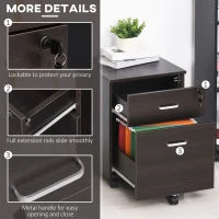 Vinsetto 2-Drawer Locking Office Filing Cabinet w/ 5 Wheels Rolling Storage Hanging A4 Cupboard Home Organisation Black Wood Grain(m-6)