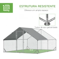 PawHut Galinheiro de Exterior Grande 3x4x2m Gaiola para 8-12 Galinhas de Aço Galvanizado com Teto de PE e Fechadura para Coelhos Prata(m-6)