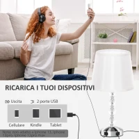 HOMCOM Lampada da Tavolo con Cristalli e Porta USB, in Metallo, Vetro e Poliestere, Ø23x45 cm, Bianco e Argento(m-7)