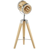 HOMCOM Stativ-Leuchte aus Holz Dreibeiniges Gestell, Scheinwerfer-Design 30 cm x 30 cm x 68 cm Holz Natur + Silber(m-12)
