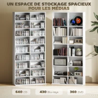 HOMCOM Rangements pour CD et DVD 18 compartiments capacité max. 640 CD/360 DVD 430 Blu-ray 78,5 x 24 x 175 cm blanc(m-4)