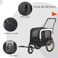 PawHut Remorque vélo jogger 2 en 1 pour animaux de compagnie drapeau roue avant pivotante réflecteurs noir(m-7)