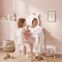 ZONEKIZ Toucador Infantil com Banco e Espelho Toucador de Maquilhagem com Gaveta Compartimentos Desenho de Unicórnio Branco(m-3)