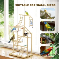 PawHut 95 cm Wooden Bird Playground with Ladders, Chain Toy, Stainless Steel Cups and Tray, Bird Cage Accessories, Natural(m-7)