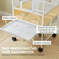 PawHut Gaiola para Pássaros Gaiola Grande com Rodas Painéis Acrílicos Comedouros Poleiros Prateleira Bandeja Amovível Gaiola para Papagaios Canários 48x46x83 cm Branco(m-4)