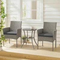 Outsunny 3 Piece Rattan Bistro Set, PE Wicker Garden Furniture Conversation Set with 2 Tier Glass-Top Table, Chairs, Dark Grey(m-14)
