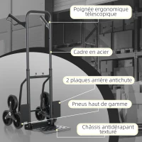 DURHAND Diable d'escalier pliable 120 kg 6 roues, diable demenagement en acier avec cordes télescopiques, 44x67x106,5cm, noir(m-6)