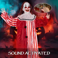 Outsunny 165 cm Life Size Halloween Animated Clown with Red Light Up Eyes, Sound Activated Moving Body, Scary Clown Halloween Decorations, Battery Operated, Indoor Party Props(m-5)