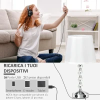 HOMCOM Lampada da Tavolo con Cristalli e 2 Prese USB, Interruttore Touch e Attacco E27, Ф23x45cm, Bianco e Argento(m-6)