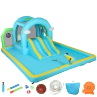 AIYAPLAY Castillo Hinchable Acuático 7 en 1 con Soplador 2 Toboganes Trampolín Piscina Canasta Columna de Boxeo 426x360x198 cm(m-1)
