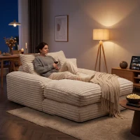 Extra diepe loungebank van ribstof, chaise longue met traagschuim en 4 kussens, zonder montage, 175 x 137 x 63 cm, beige(m-7)