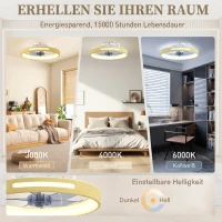 HOMCOM Deckenventilator mit Licht und Fernbedienung, 49 cm LED-Deckenventilator mit 3 Farbtemperaturen, natürliches Holzfinish(m-4)