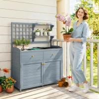 Outsunny Plantentafel met Kast Outdoor - Houten Tuinkast met Gegalvaniseerd Werkblad, 2 Lades, 104x44x140 cm, Lichtgrijs(m-2)