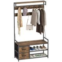 HOMCOM 6-in-1 Garderobenständer mit Schuhregal, Industrie-Stil, 10 Haken, 2 Stoffschubladen, Metall, Braun(m-12)