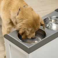 PawHut Comedouro Elevado para Cães com 2 Tigelas 2000ml de Aço Inoxidável Gaveta Oculta com Suporte de Madeira 60x30x36cm Branco(m-7)