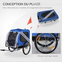 PawHut Remorque vélo pour chien animaux 8 réflecteurs drapeau barre attelage inclus 130 x 73 x 90 cm blanc et bleu(m-6)