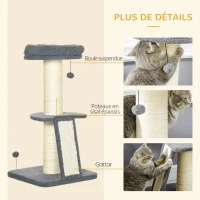 PawHut Arbre à chat avec griffoir tronc en sisal boules suspendues et plate-forme d'observation hauteur 92 cm - gris(m-5)