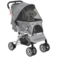 PawHut Poussette buggy pliable chien chat panier et sac de rangement attaches sécurité housse réglable acier Oxford gris chiné noir(m-1)