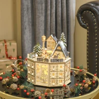 HOMCOM Calendário do Advento de Natal em Madeira Reutilizável com Luzes LED, 24 Gavetas, Cena de Aldeia, 25x20x29 cm, Natural(m-8)