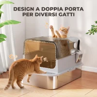 PawHut Lettiera per Gatti Chiusa XXL in Acciaio Inox, Coperchio Apribile a 90° e Doppie Porte, 70x50x46.5 cm, Grigio(m-6)