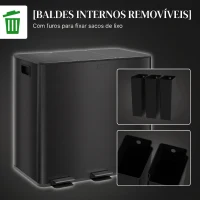 HOMCOM Papelera de Cozinha em Aço Inoxidável com 3 Compartimentos 3x15L com Pedais, Tampas de Fecho Suave e Balde Removível Preto(m-7)