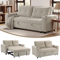 HOMCOM Corduroy Click Clack Sleeper Sofa with Pull Out Design, 2 Seater Sofa Bed, Cream White(m-13)