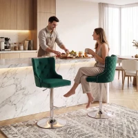 HOMCOM Bar Stools Set of 2, Modern Swivel & Adjustable Velvet Barstools with Button-Tufted Back, Footrest for Home Bar, Green(m-12)