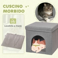 PawHut Casetta per Gatti Pieghevole a Cubo con Cuscino e Tappetino Tiragraffi, 36.5x36.5x36.5 cm, Grigio(m-4)