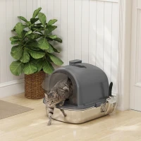 PawHut Caixa de Areia para Gatos em Aço Inoxidável com Tampa, Saco Desodorizante e Pá, Fácil de Limpar, 52,4x41,3x39,9 cm, Cinzento Escuro(m-8)
