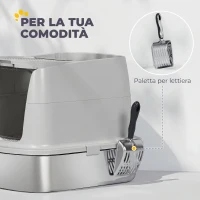 PawHut Lettiera Gatto Chiusa in Acciaio Inox con Coperchio Ribaltabile, Doppia Porta, Paletta, Grigio Chiaro(m-7)