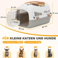 PawHut Transportbox voor kat en miniatuurhonden tot 4 kg, hondenbox met dakopening en voerbak, 49x32x31 cm, lichtgrijs(m-3)