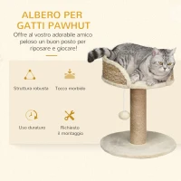 PawHut Albero Tiragraffi per Gatti con Lettino, Palo in Juta e Pallina Appesa, 40x40x49cm, Beige(m-4)