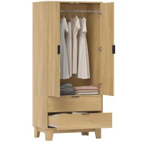 HOMCOM Armoire chambre penderie avec 2 portes à fermeture douce, 2 tiroirs et barre de suspension, 80x50x180cm, bois naturel(m-11)